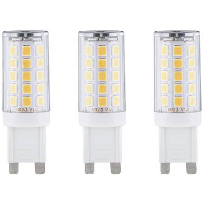 Trzy białe lampy LED z podstawą G9 ustawione pionowo obok siebie. Każda z nich wyświetla rząd małych, kwadratowych pól świetlnych.