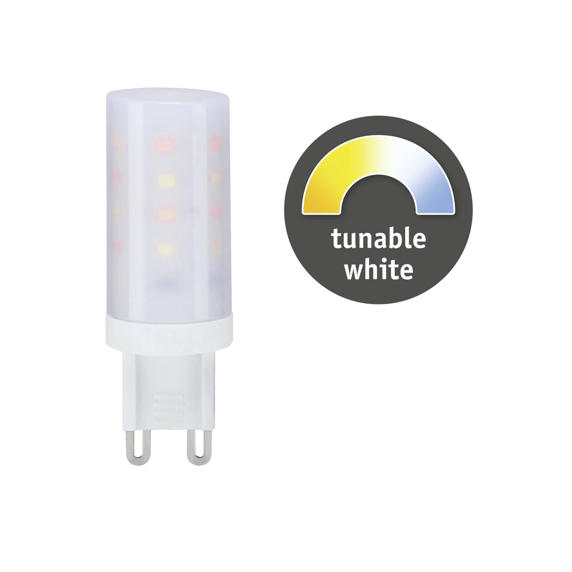 Lampa LED obok symbolu przedstawiającego zakres temperatury barwowej od ciepłej do zimnej bieli. Tekst: 'tunable white'.
