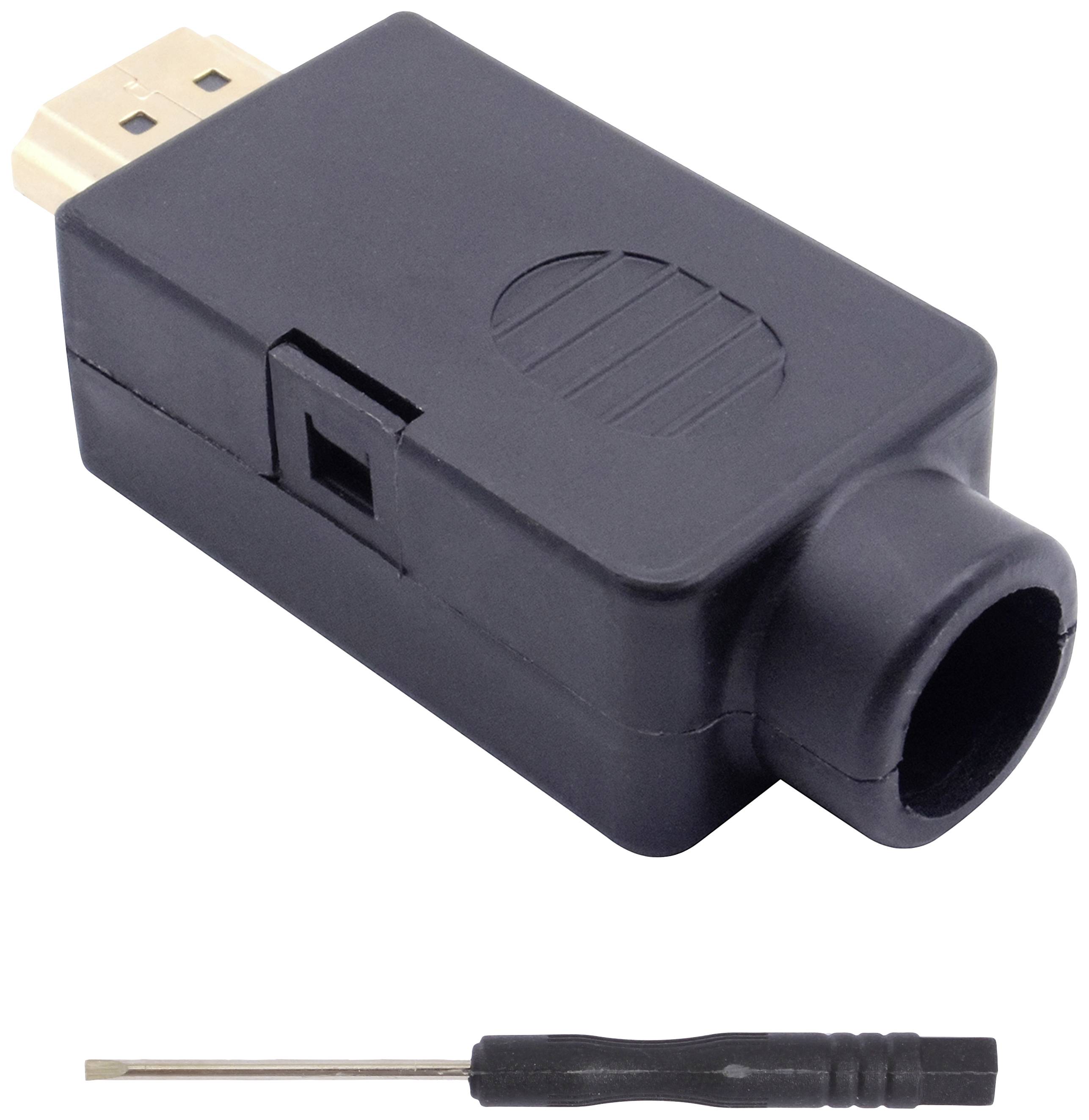 Czarny adapter z gniazdem HDMI i okrągłym złączem, obok którego leży mały śrubokręt.