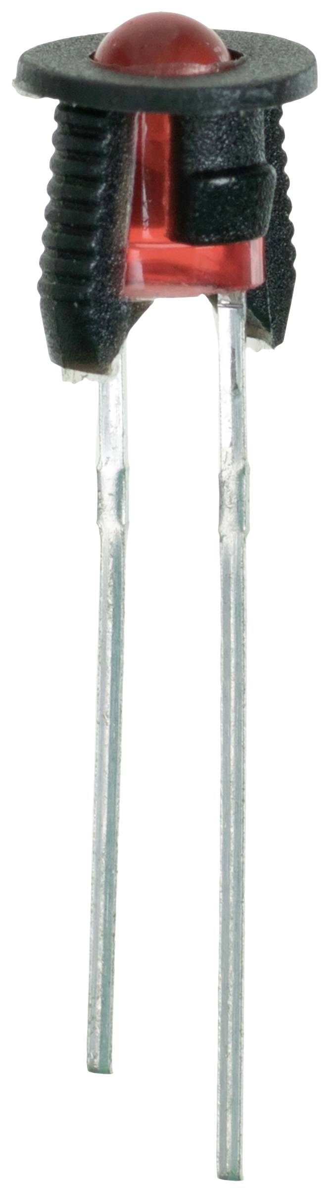 Czerwona dioda elektroluminescencyjna (LED) z dwoma metalowymi przewodami przyłączeniowymi i czarną plastikową obudową.