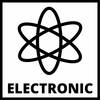 Symbol atomu nad słowem ELECTRONIC, czarno-biała piktografia.