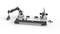 Przenośnik taśmowy z ramionami robotów układającymi kolorowe kostki. Po lewej stronie ramię układa kostki jedna na drugiej, po prawej kamera skanuje kostki.
