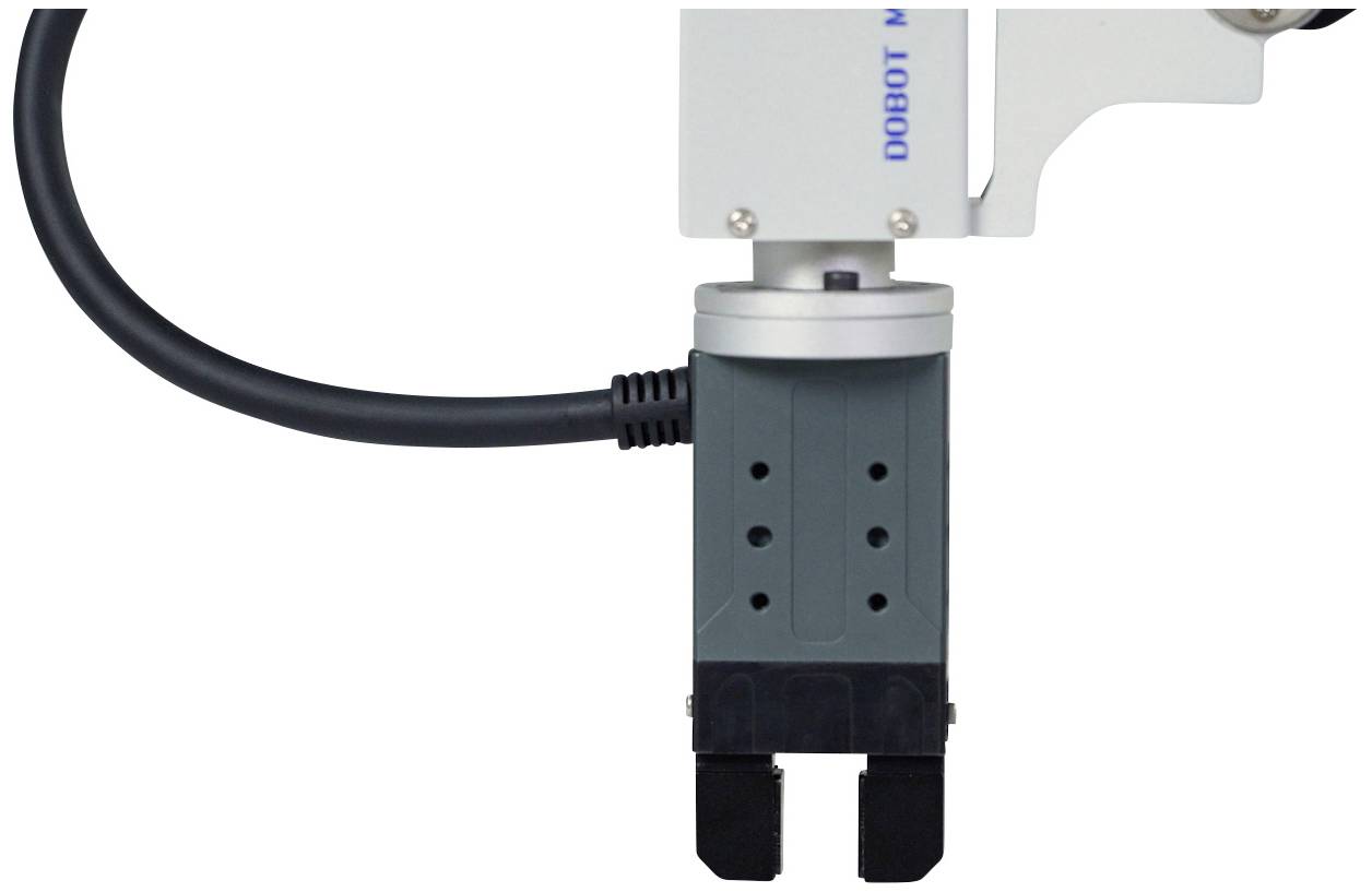 Ramię robota z chwytakiem trzymającym kabel. Główna funkcja: chwytanie i podnoszenie obiektów. Zastosowanie w procesach zautomatyzowanych.