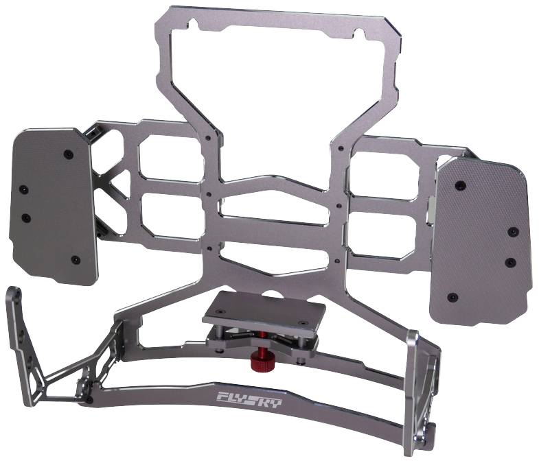 Metalowa rama z wieloma uchwytami i centralną śrubą regulacyjną umieszczoną u dołu. Odpowiednia do mocowania urządzeń elektronicznych.