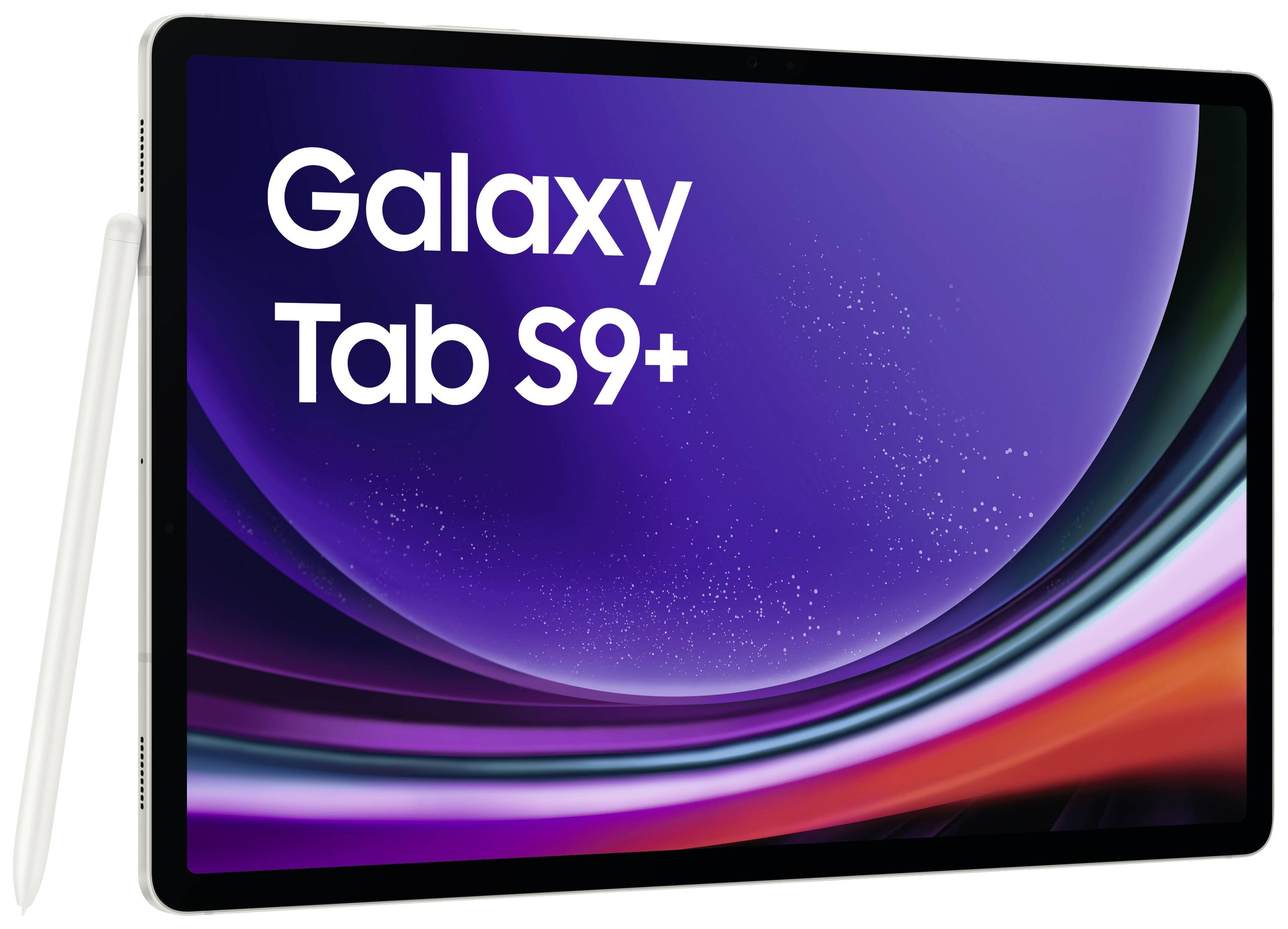 Tablet 'Galaxy Tab S9+' o smukłej sylwetce z rysikiem, przedstawione na fioletowo-niebieskim tle.