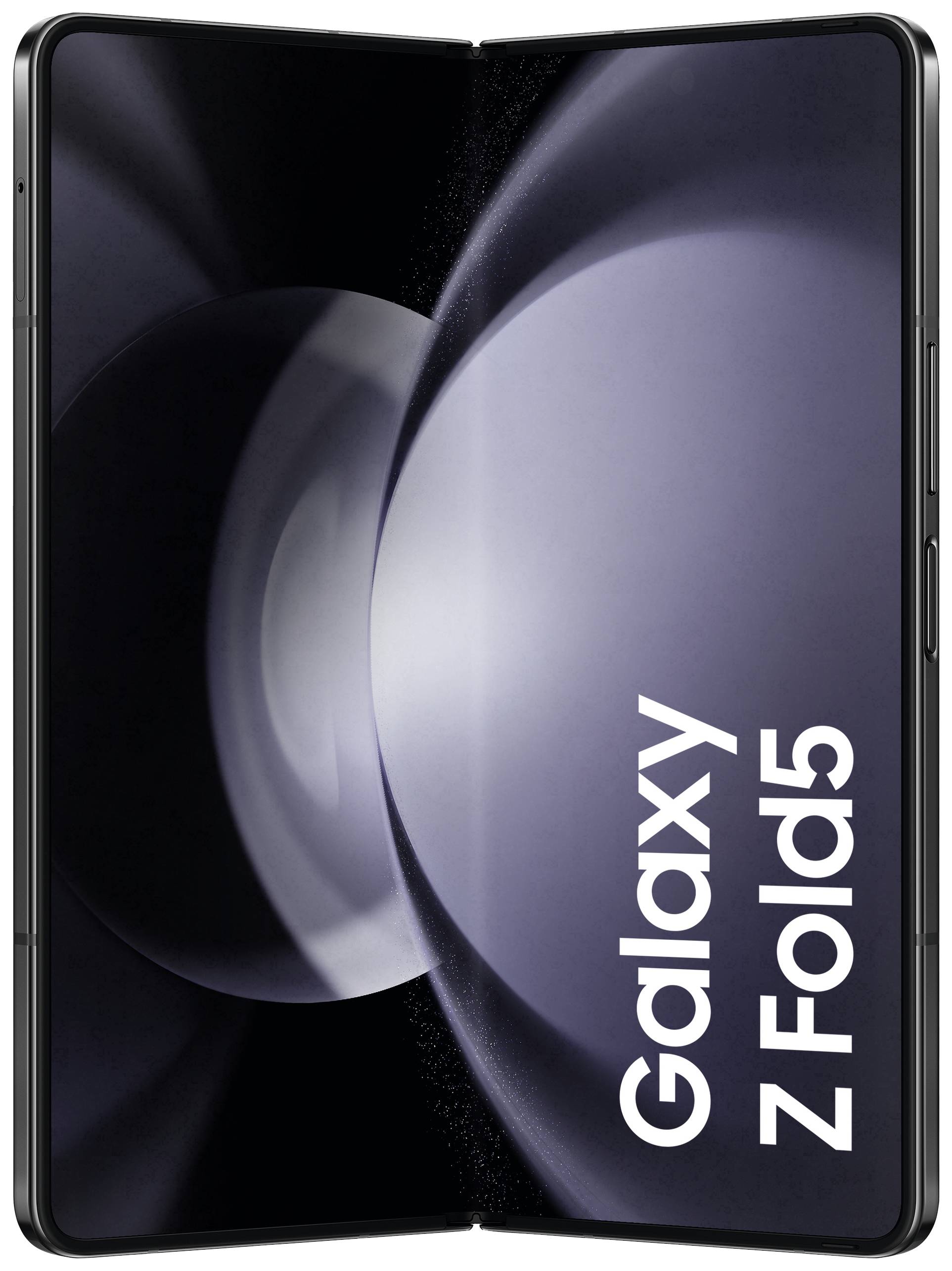 Pionowo ustawiony składany smartfon Samsung Galaxy Z Fold5 z rozłożonym ekranem wyświetlającym stronę główną.