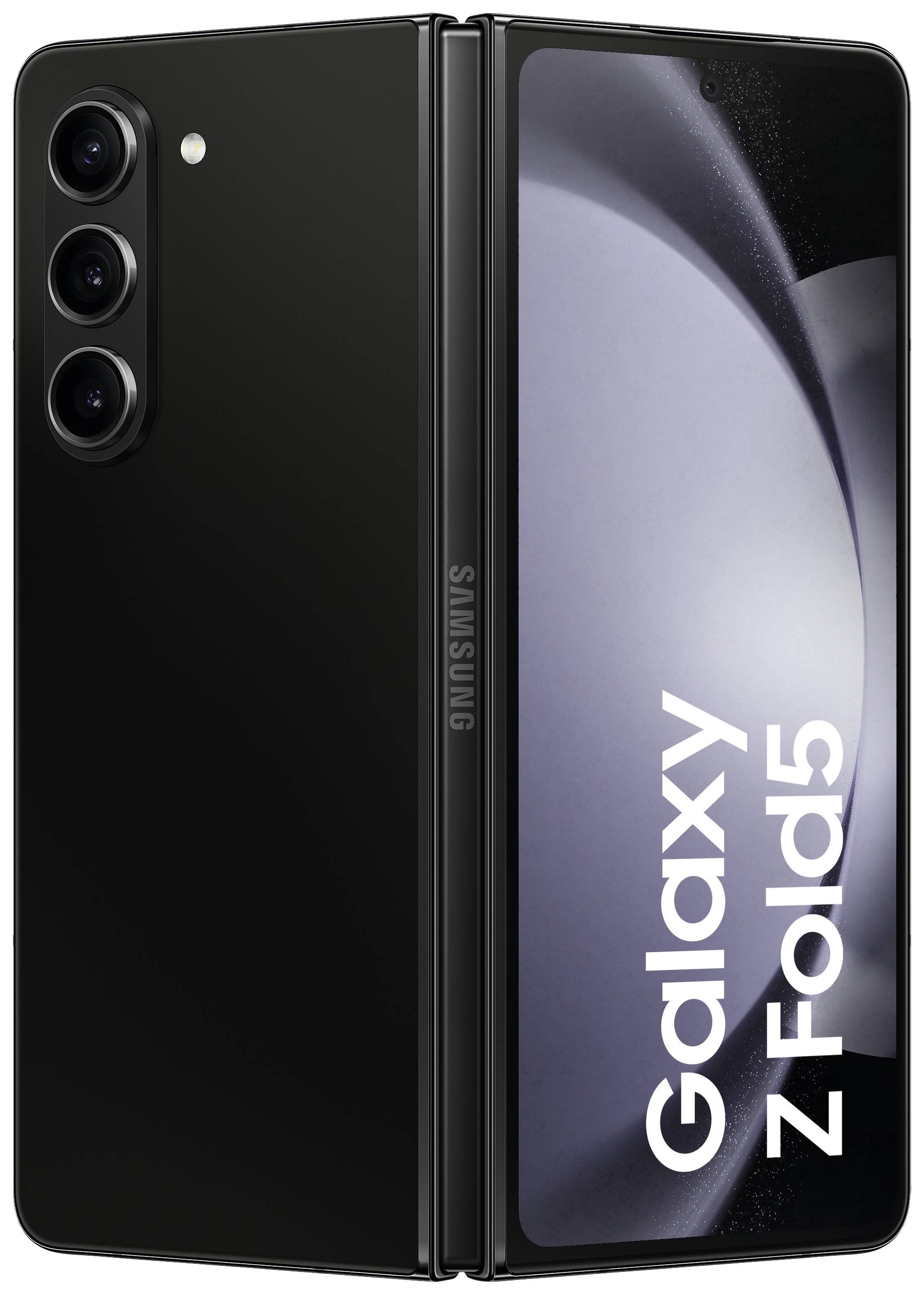 Czarny Samsung Galaxy Z Fold5, złożony, z trzema kamerami z tyłu. Po prawej stronie ekranu widnieje napis 'Galaxy Z Fold5'.