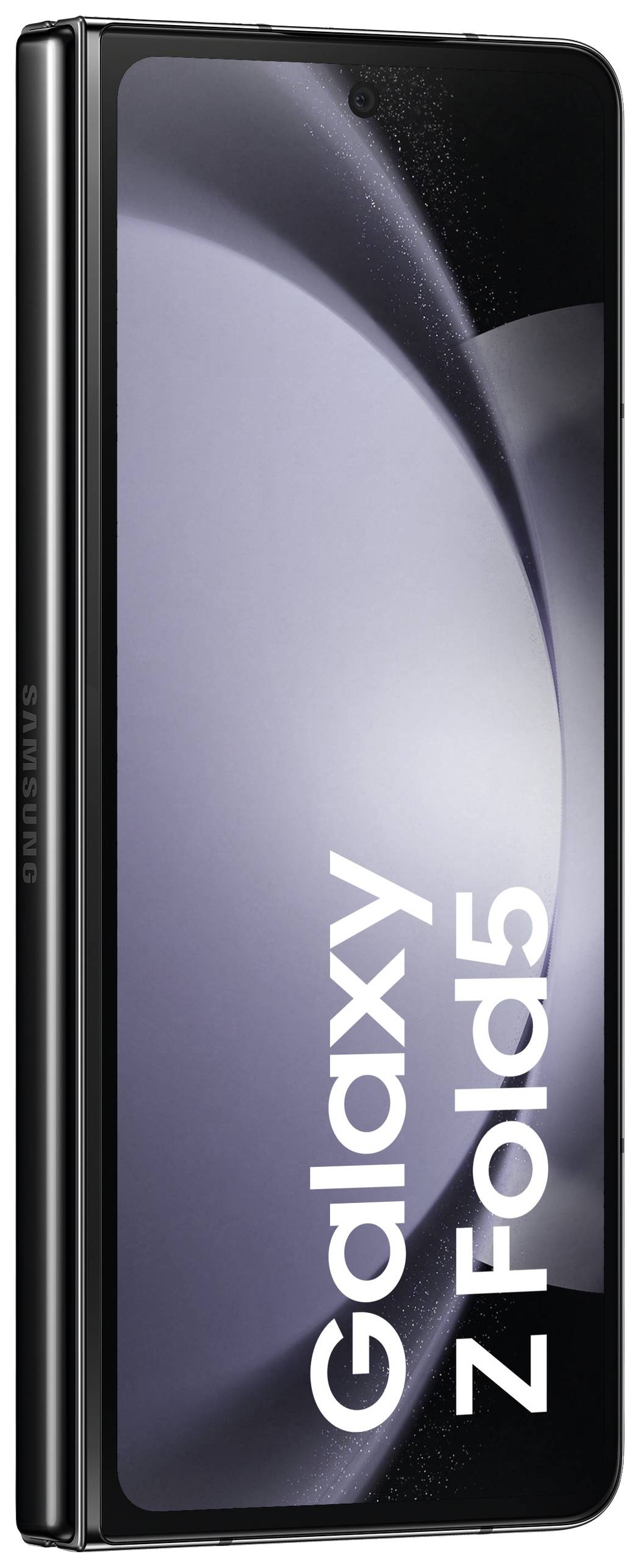 Składany smartfon Samsung, model 'Galaxy Z Fold5', na jasnym i ciemnym tle. Urządzenie jest przedstawione w częściowo złożonym stanie.