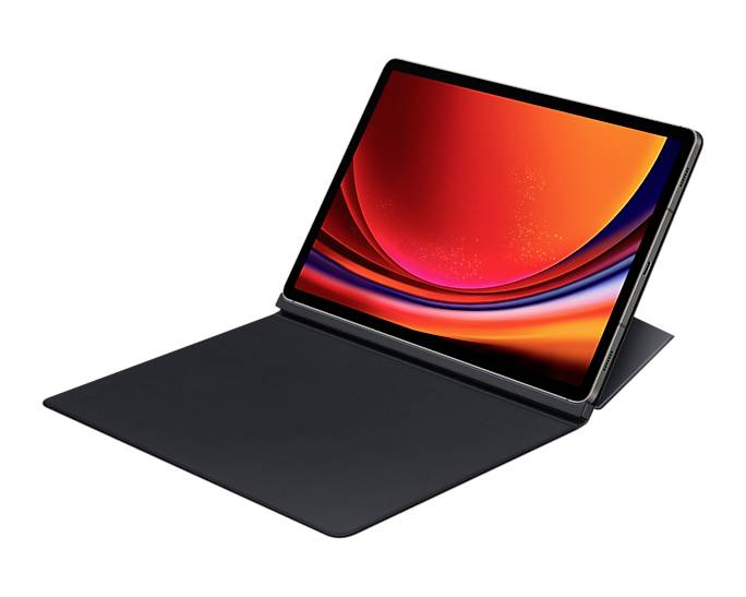 Nowoczesny tablet na czarnym, rozłożonym etui-podstawce wyświetla abstrakcyjny ekran w odcieniach czerwieni i pomarańczu.