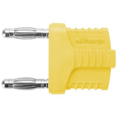 Żółty adapter bananowy z dwoma metalowymi stykami. Używany do połączeń elektrycznych w zastosowaniach technicznych.