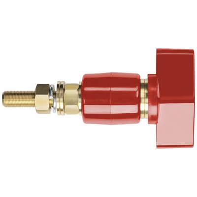 Czerwony adapter z gwintem metalowym i nakrętkami mocującymi, prawdopodobnie element do połączeń mechanicznych lub przyłączy.