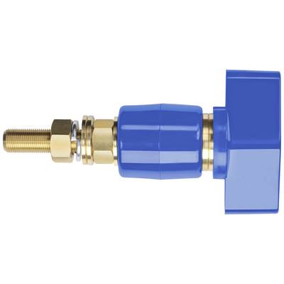 Niebieski adapter wykonany z metalu i tworzywa sztucznego z gwintem, przeznaczony do zastosowań technicznych, służący do łączenia lub mocowania elementów.