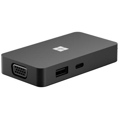 Czarny adapter z wieloma portami: VGA, USB-A, USB-C. Logo na górnej powierzchni. Przeznaczony do podłączania urządzeń zewnętrznych.