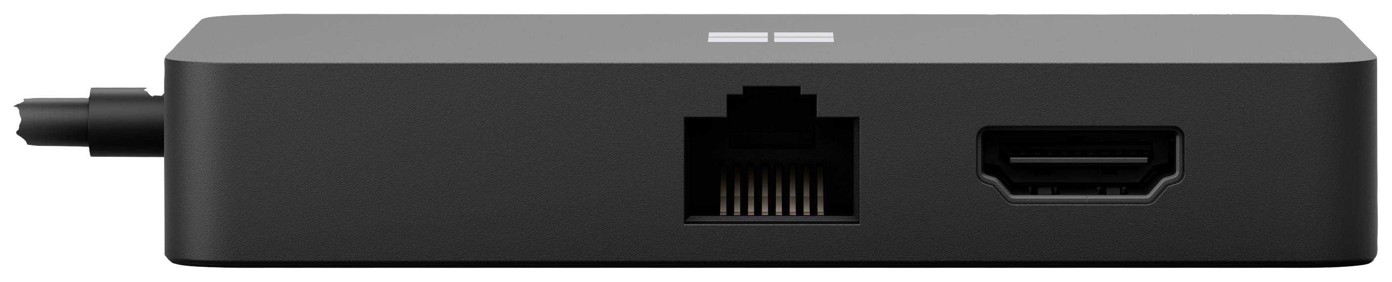 Mały, czarny sprzęt z gniazdami: Ethernet, HDMI i przewodem zasilającym. Idealny do łączenia komputerów z wyświetlaczami.