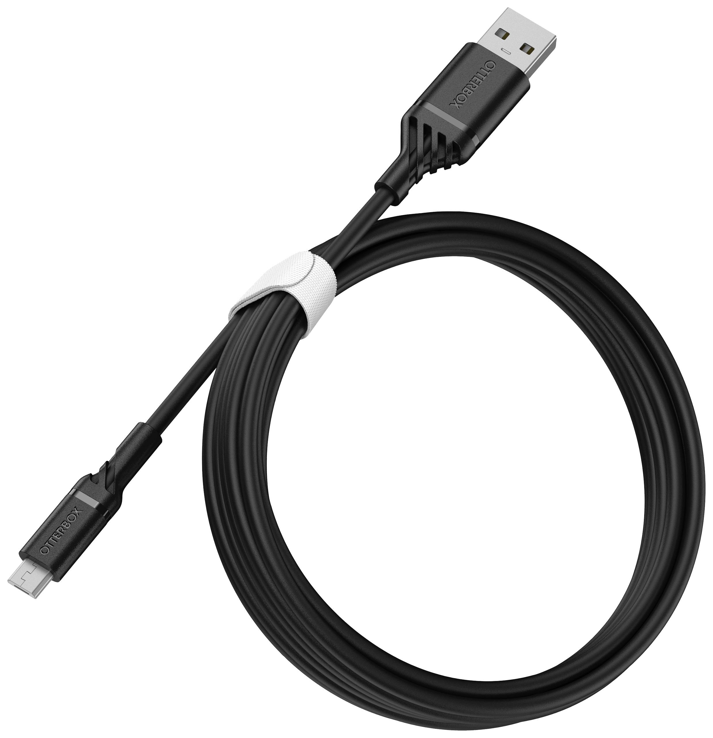 Czarny kabel USB z wtyczką USB-A i Micro-USB, związany białym paskiem.