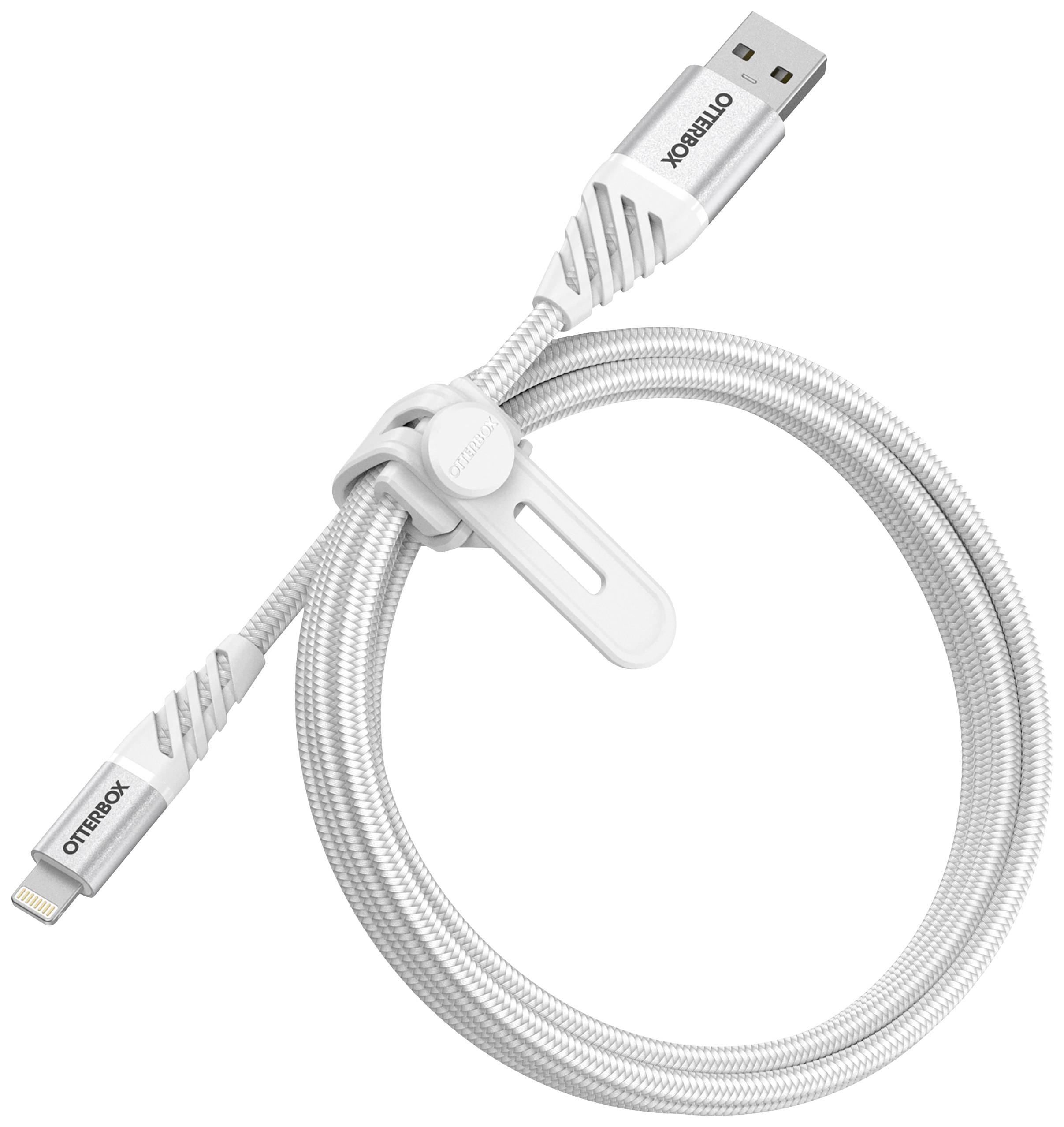 Biały kabel ładujący z złączem USB po jednej stronie i złączem Lightning po drugiej stronie, wyposażony w uchwyt do przewodu.