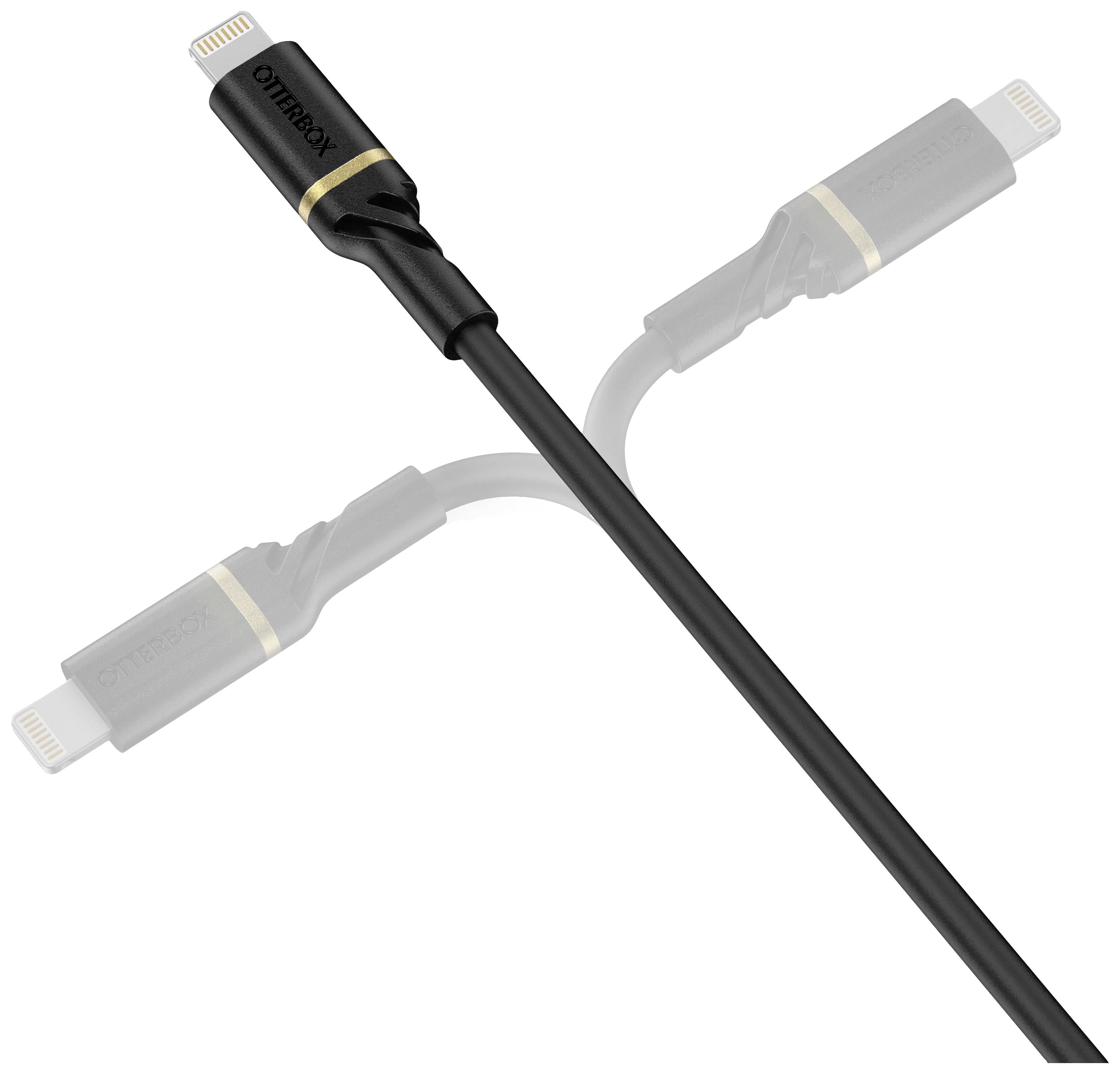 Czarny kabel ładujący o smukłym złączu i złotych akcentach. Nazwa marki 'OtterBox' widoczna na wtyczce.