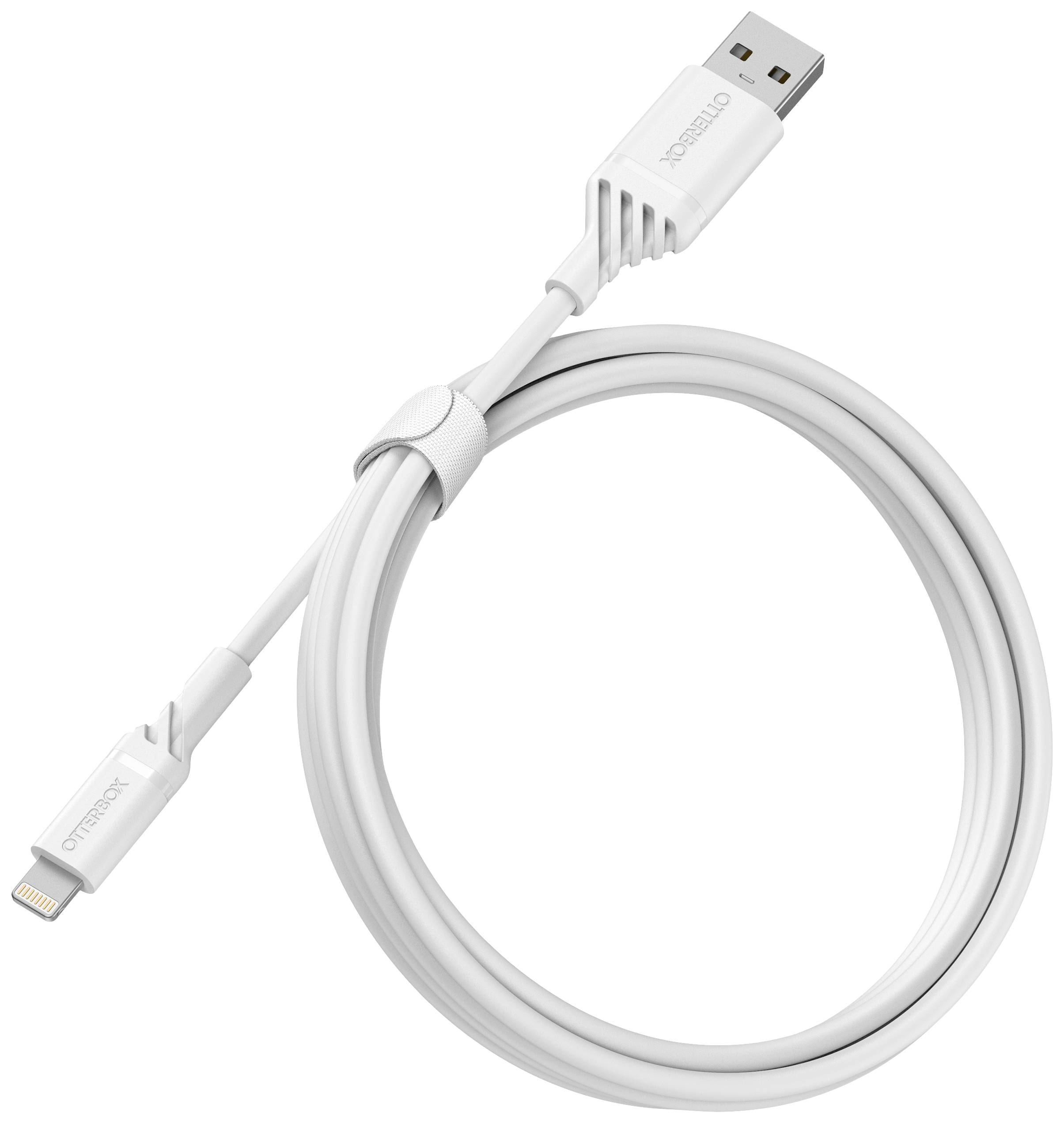 Biały kabel ładujący USB firmy OtterBox z wtyczką Lightning po jednej stronie i wtyczką USB-A po drugiej stronie. Idealny do urządzeń Apple.