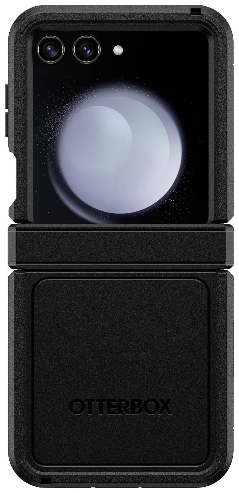 Czarny futerał OtterBox ochronnie obejmujący smartfon, który na górnej połowie wyświetla kamerę i podświetlony ekran.