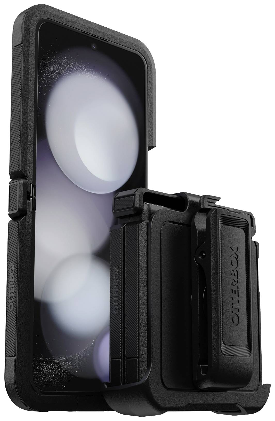 Smartfon w wytrzymałej, czarnej obudowie ochronnej z klipsem do paska. Na ekranie widoczne są rozmyte efekty kołowe.