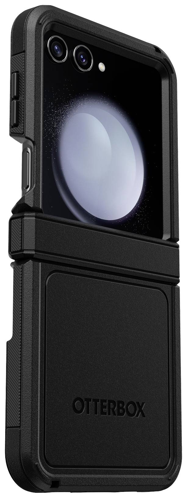 Smartfon w solidnej czarnej obudowie, z tyłu dwie soczewki aparatu oraz ekran wyświetlający okrągłe światło.