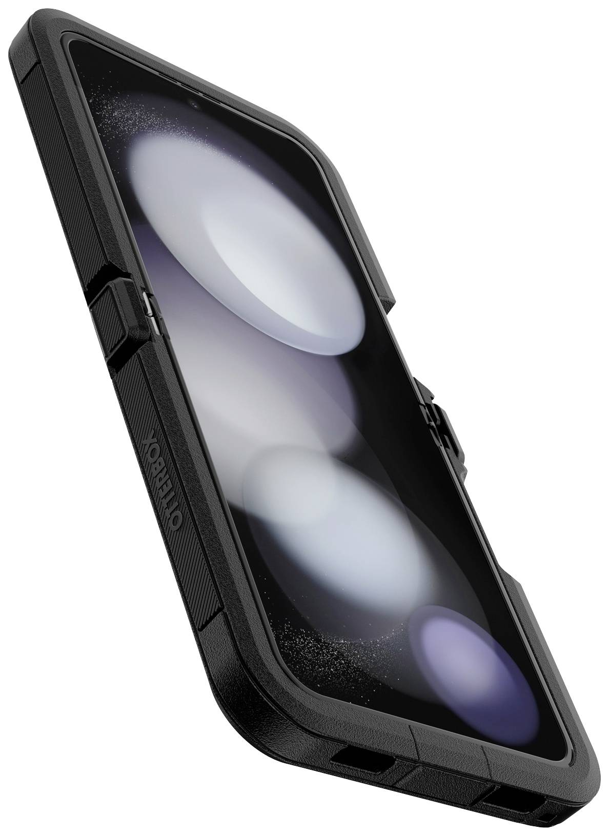 Smartfon w solidnej czarnej obudowie ochronnej z zaokrąglonymi narożnikami i wytrzymałą konstrukcją. Na ekranie widać rozmyte kręgi świetlne.