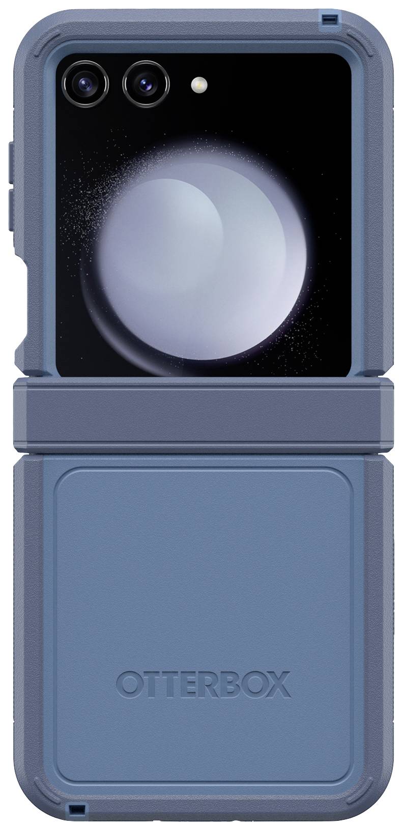 Złożony smartfon z dwoma aparatami z tyłu w niebieskim etui ochronnym OtterBox.