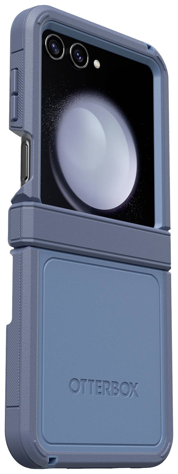 Niebieskie etui na smartfon marki Otterbox do telefonu składanego, prezentujące otwór na aparat i solidną ochronę.