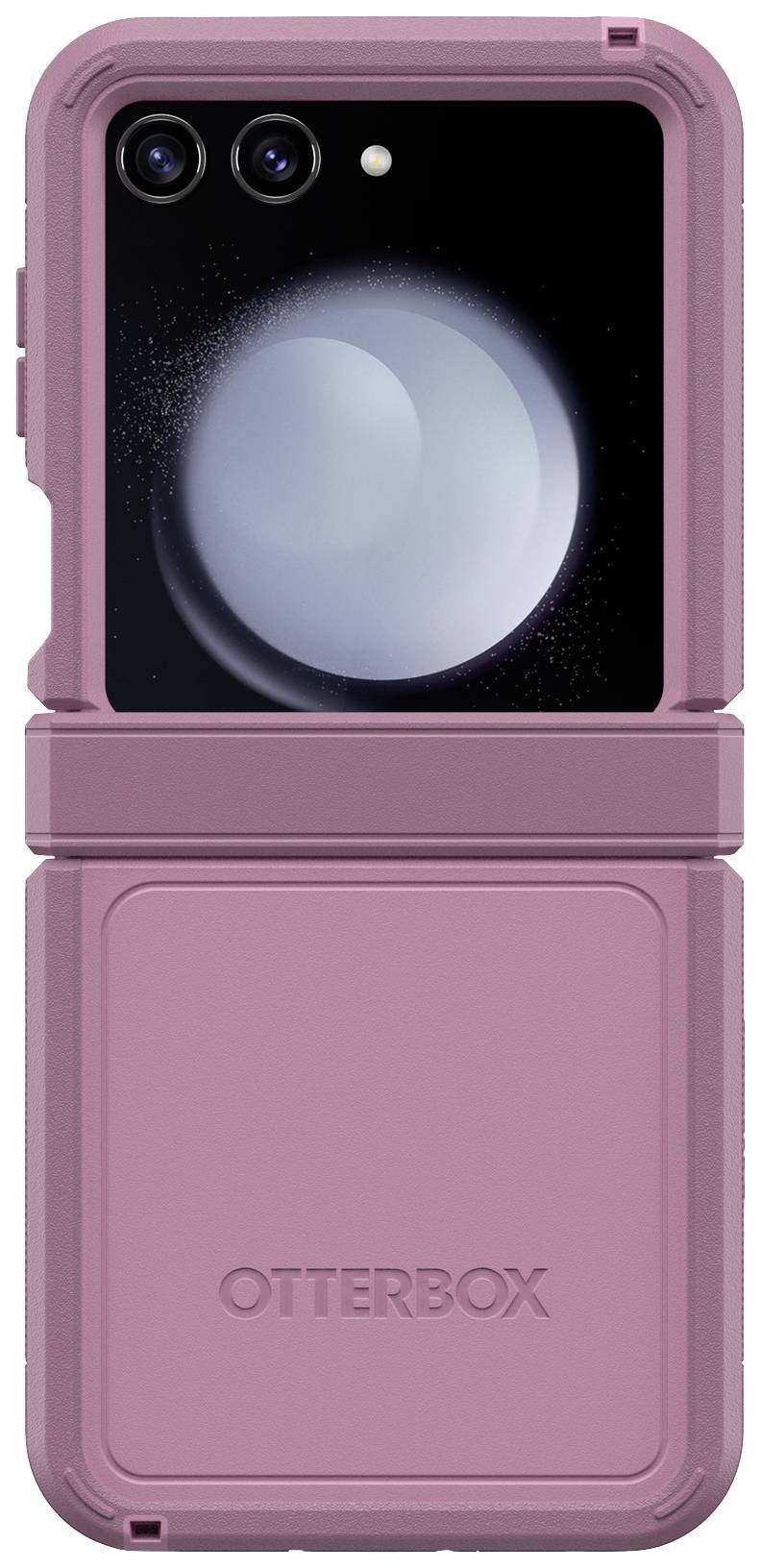 Smartfon w wytrzymałej, różowej obudowie Otterbox. Widoczne są obiektywy aparatu i ekran.