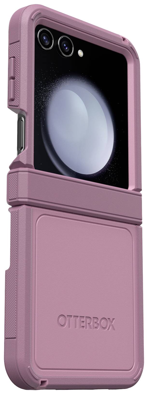 Różowe etui na telefon składany marki OtterBox. Chroni tył i boki urządzenia, pozostawiając kamerę odkrytą.