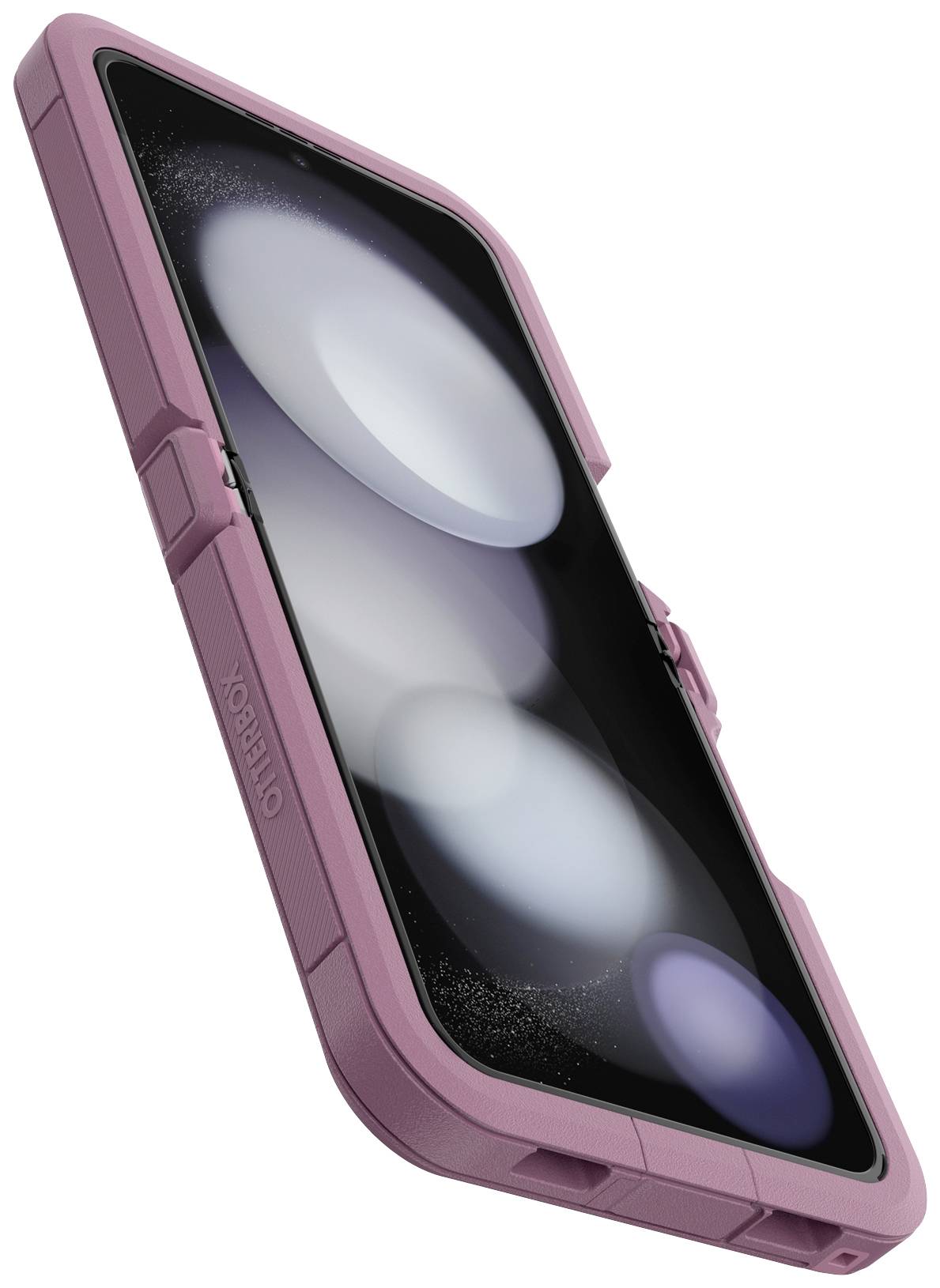 Smartfon w różowym etui, sfotografowany lekko pod skosem z boku. Etui zapewnia solidną ochronę urządzenia.