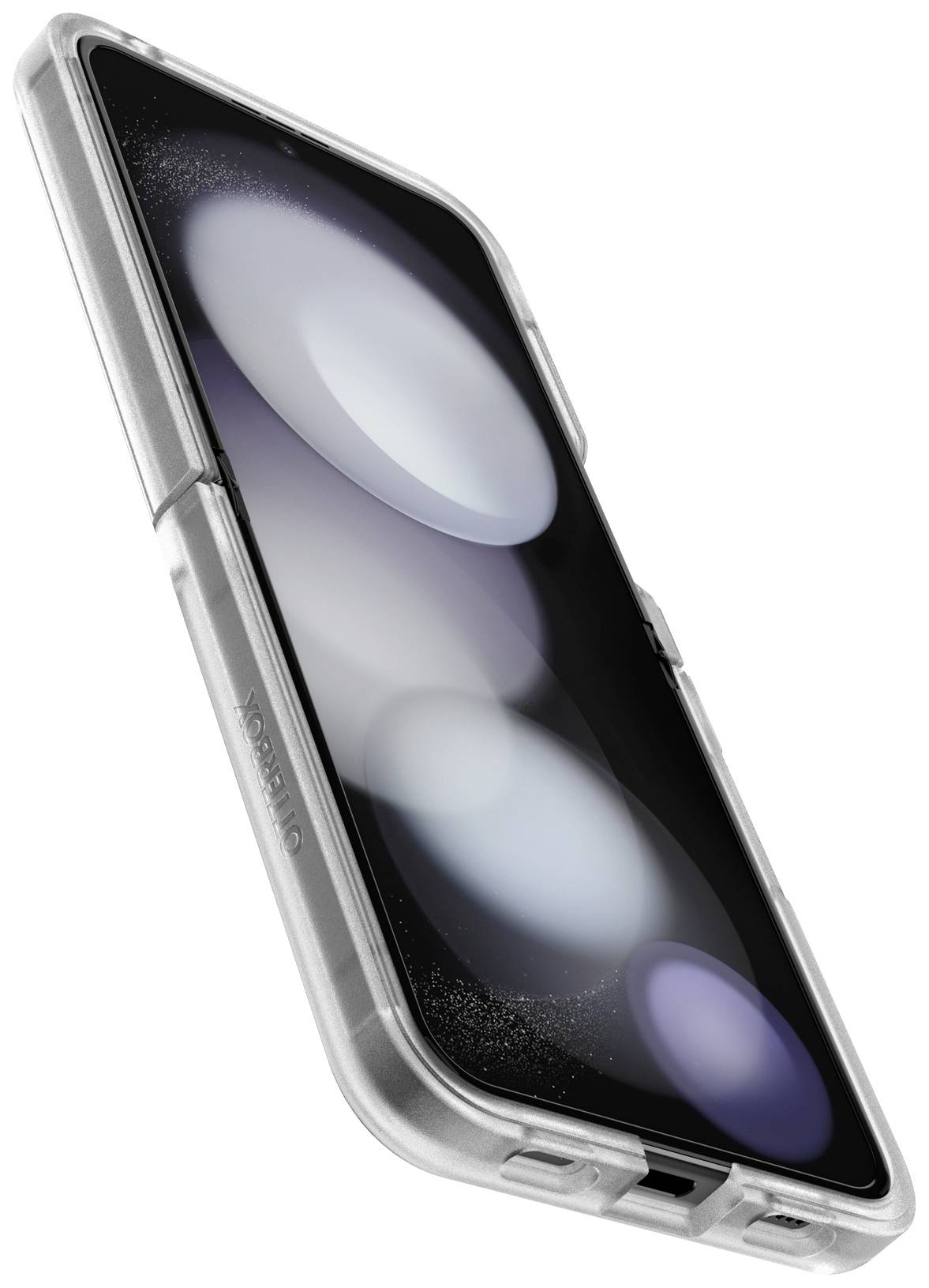 Smartfon w przezroczystym etui z czarnym ekranem i świecącymi kołami, lekko pochylony z boku.