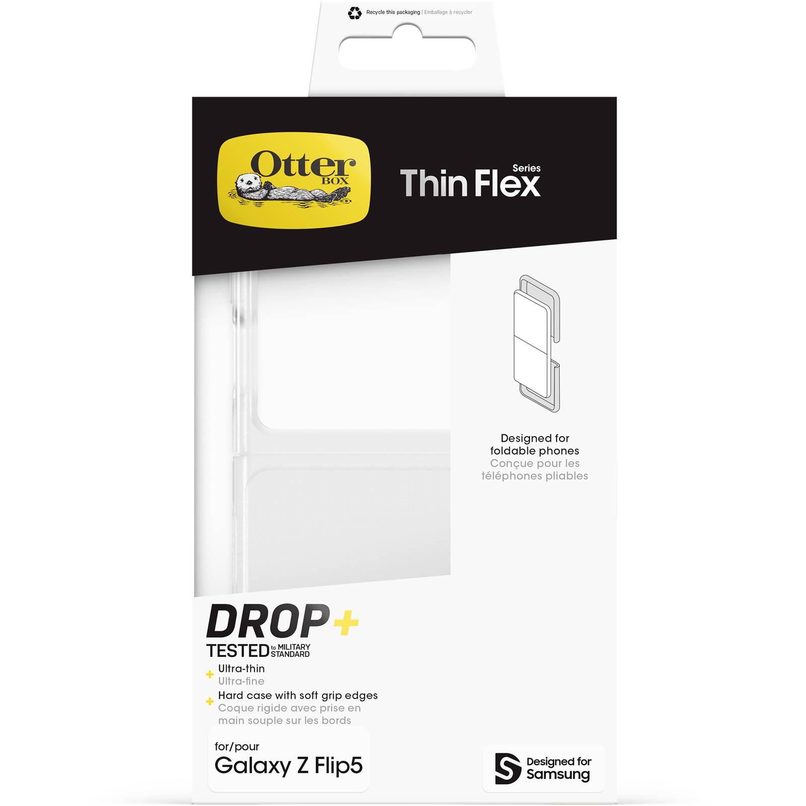 Opakowanie do etui OtterBox Thin Flex, dedykowane składanym smartfonom, w szczególności Samsung Galaxy Z Flip5. Kolor biały, smukła konstrukcja.