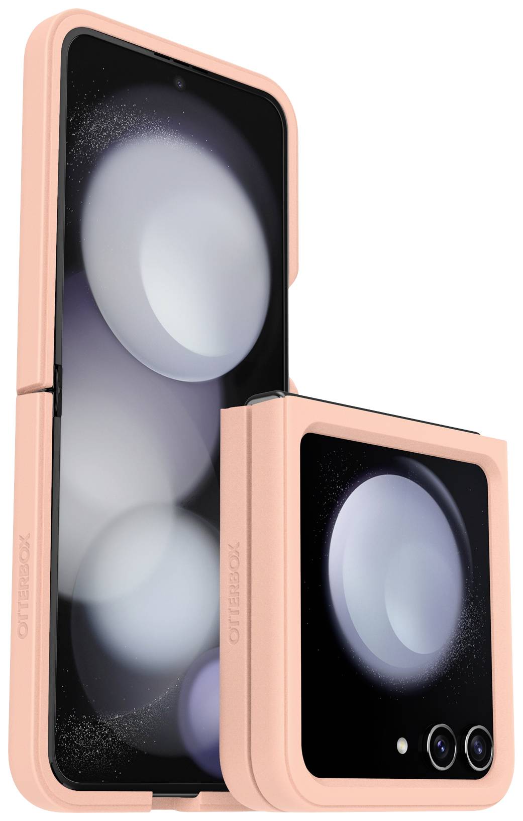 Smartfon w różowym etui, częściowo złożony, pokazujący główny ekran i tylną kamerę z obiektywami.
