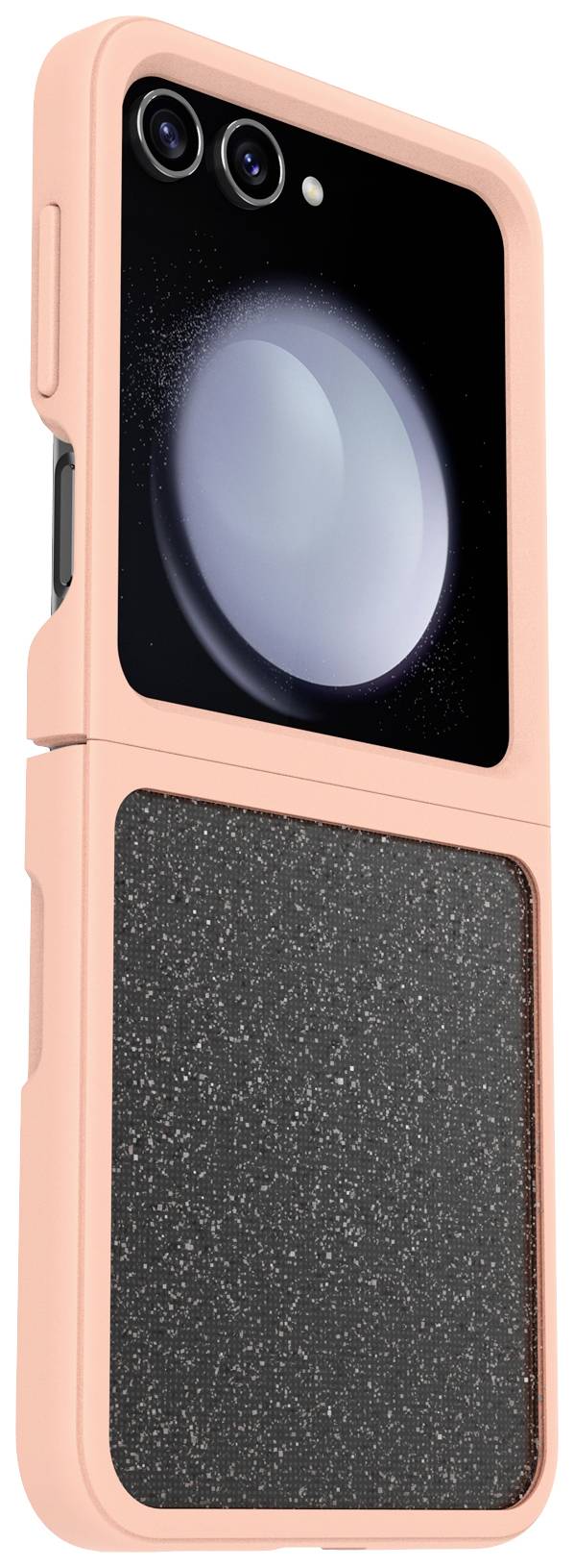 Smartfon w różowej obudowie z rozmytym, okrągłym refleksem świetlnym na obiektywie aparatu, szara, błyszcząca tekstura na dole.