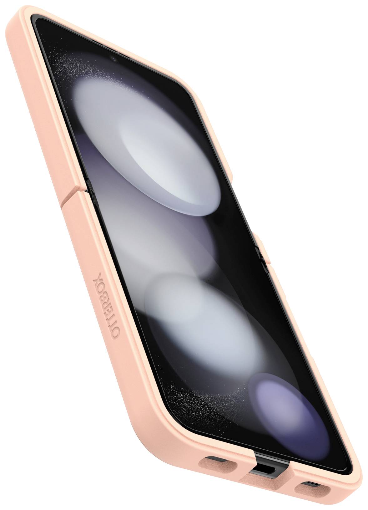 Smartfon w różowym etui, widziany ukośnie z boku.