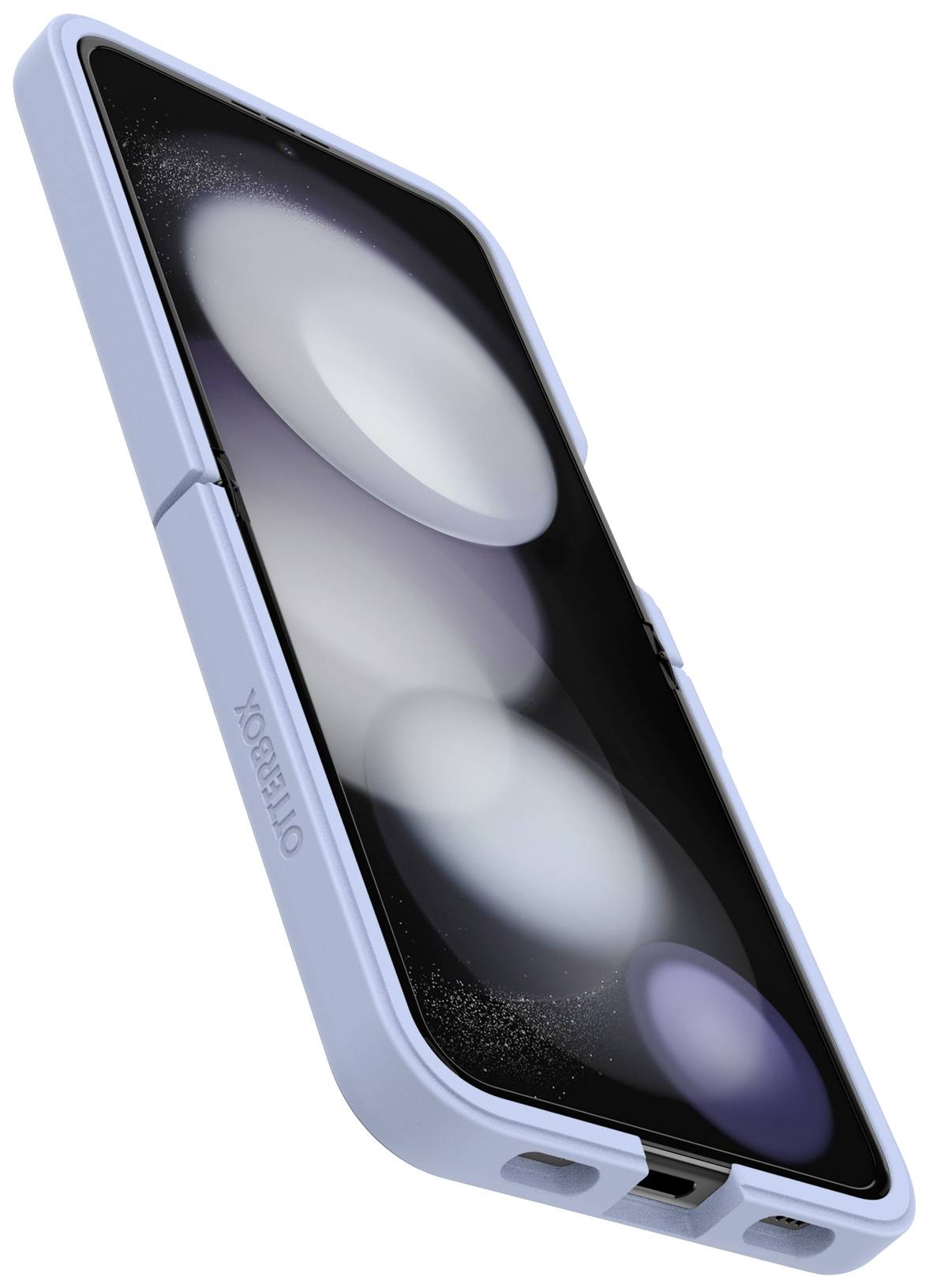 Smartfon w niebieskim etui ochronnym, z nazwą marki na boku. Na ekranie świecące się kręgi na czarnym tle.