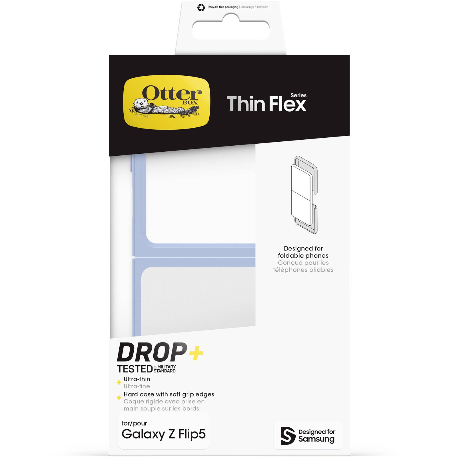 Opakowanie etui OtterBox Thin Flex do Galaxy Z Flip5. Cechy: ultra-cienkie, z pewnym chwytem. Przetestowana ochrona przed upadkiem.