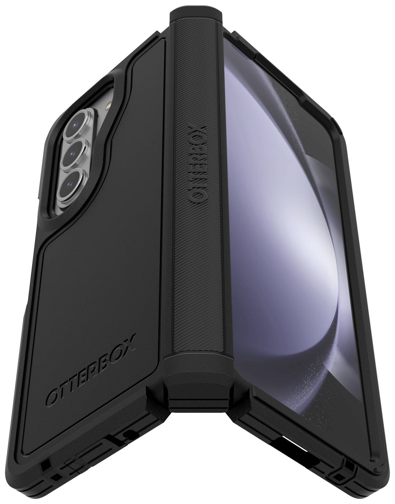 Smartfon w czarnym etui OtterBox, oferujący wytrzymałą i solidną obudowę. Aparat fotograficzny jest widoczny.