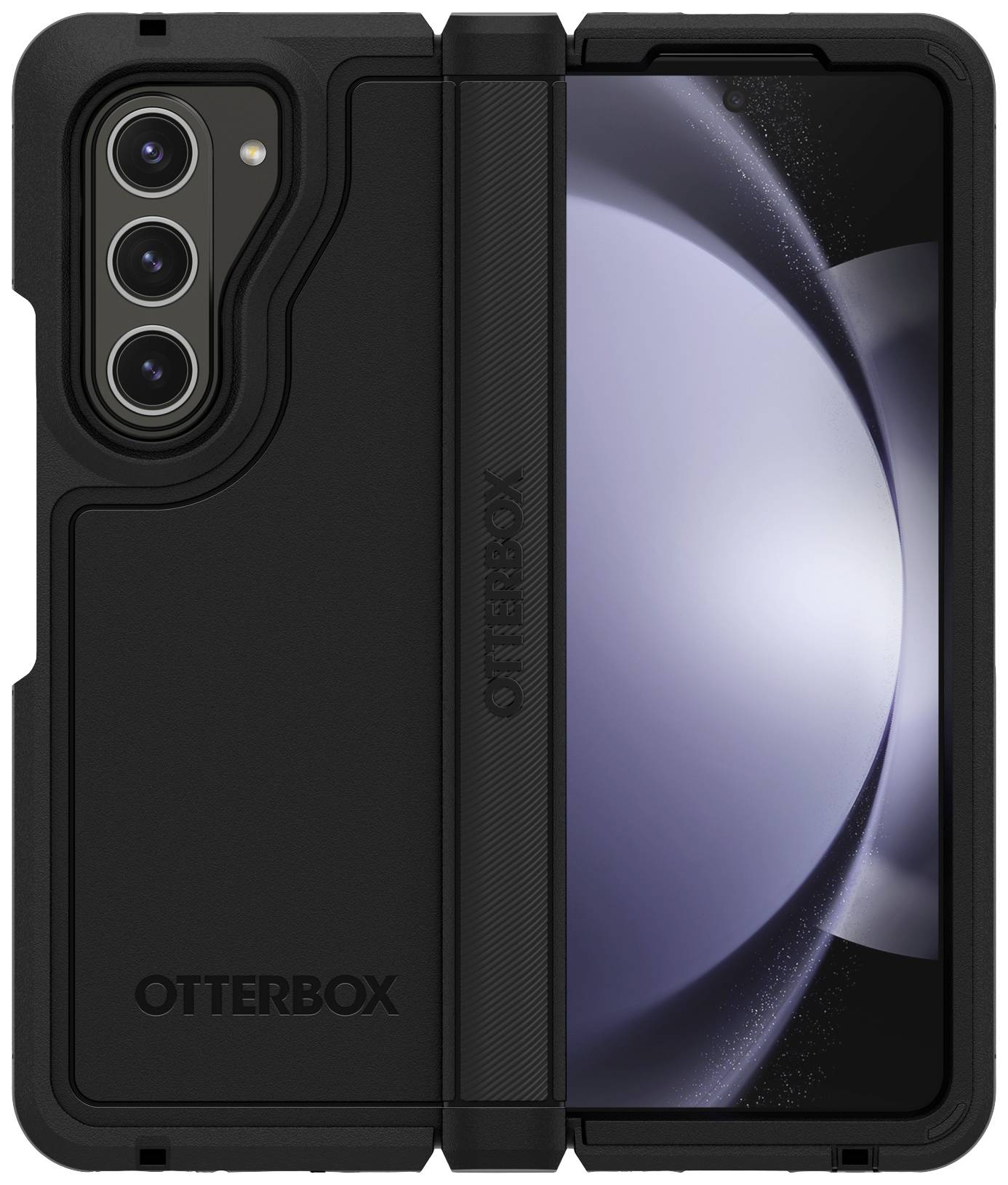 Smartfon w solidnej, czarnej obudowie ochronnej OtterBox. Etui zapewnia kompleksową ochronę z wzmocnionymi narożnikami.