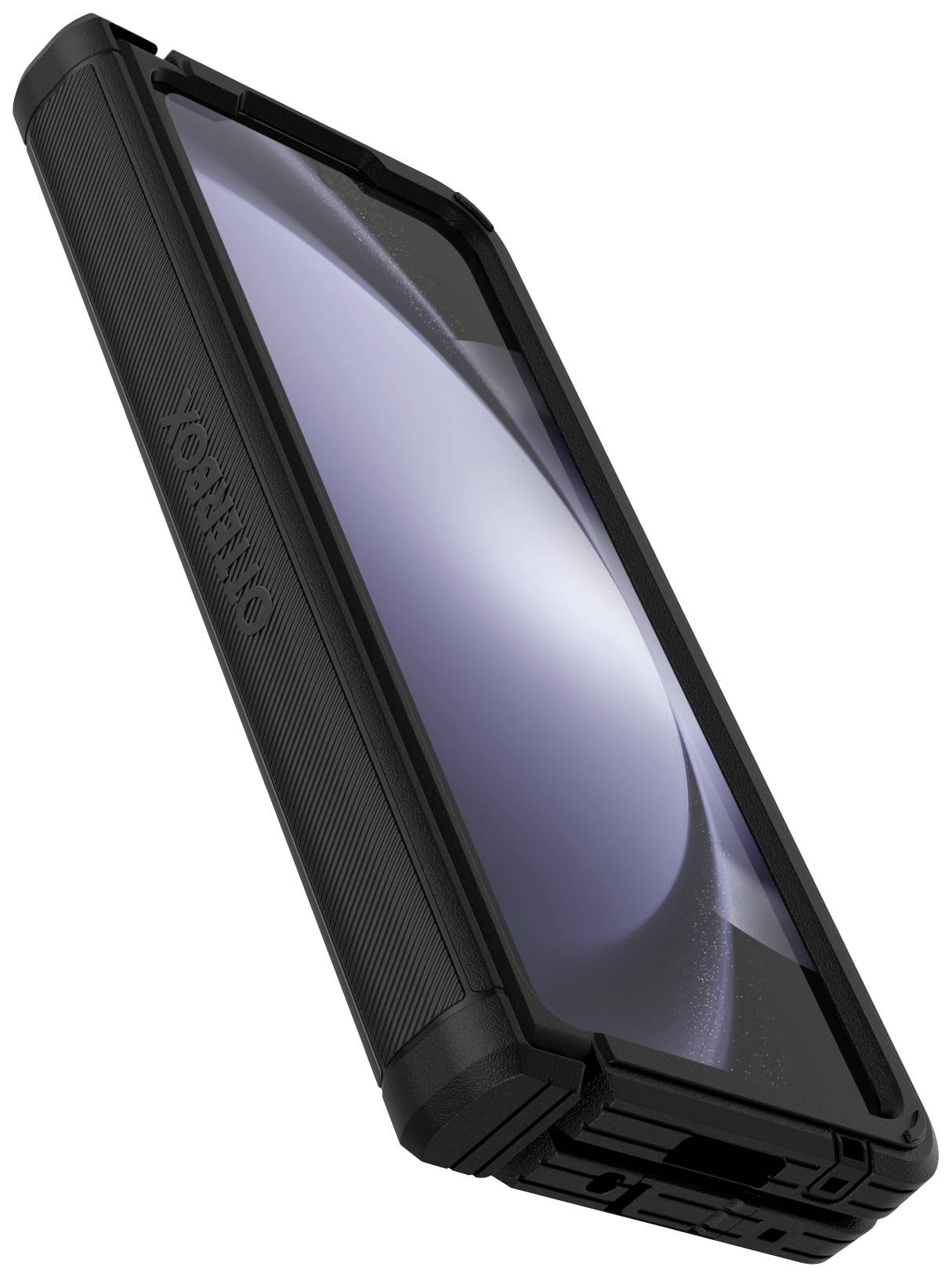 Wytrzymałe czarne etui na telefon o żebrowanej strukturze i wzmocnionych narożnikach chroni smartfon z błyszczącym ekranem.