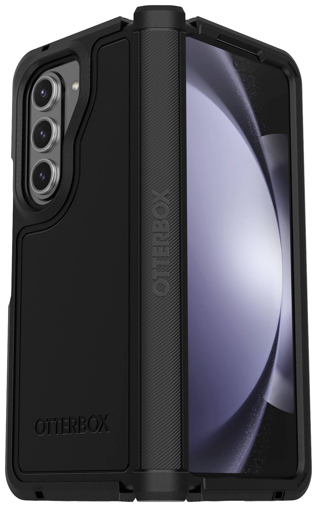 Smartfon, chroniony wytrzymałą czarną obudową Otterbox, prezentuje trzy obiektywy aparatu i lekko uchylony wyświetlacz.