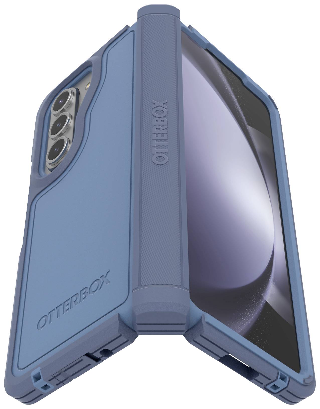 Smartfon z niebieskim etui OtterBox, otwarty. Widoczny tylny aparat i róg ekranu, podkreślono wytrzymałą konstrukcję.