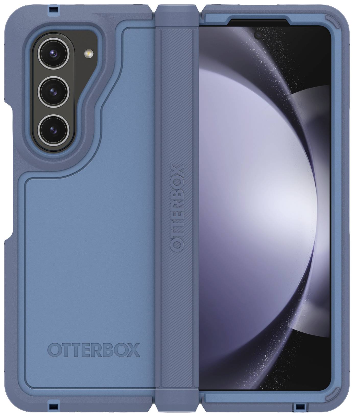 Smartfon z niebieskim etui Otterbox. Trzy obiektywy aparatu z tyłu. Przednia strona pokazuje świecący ekran.