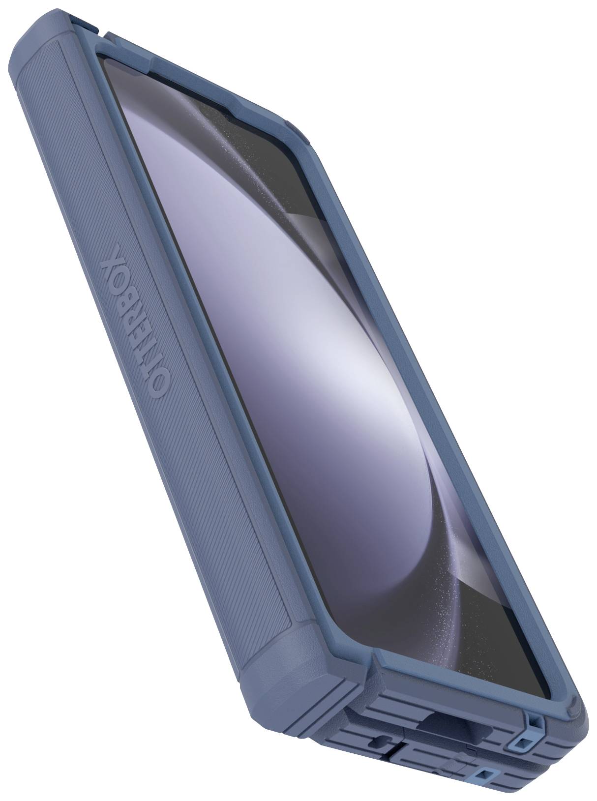 Smartfon w wytrzymałej niebieskiej obudowie, ułożony lekko pod skosem. Obudowa posiada żebrowane boki i zapewnia kompleksową ochronę ekranu.