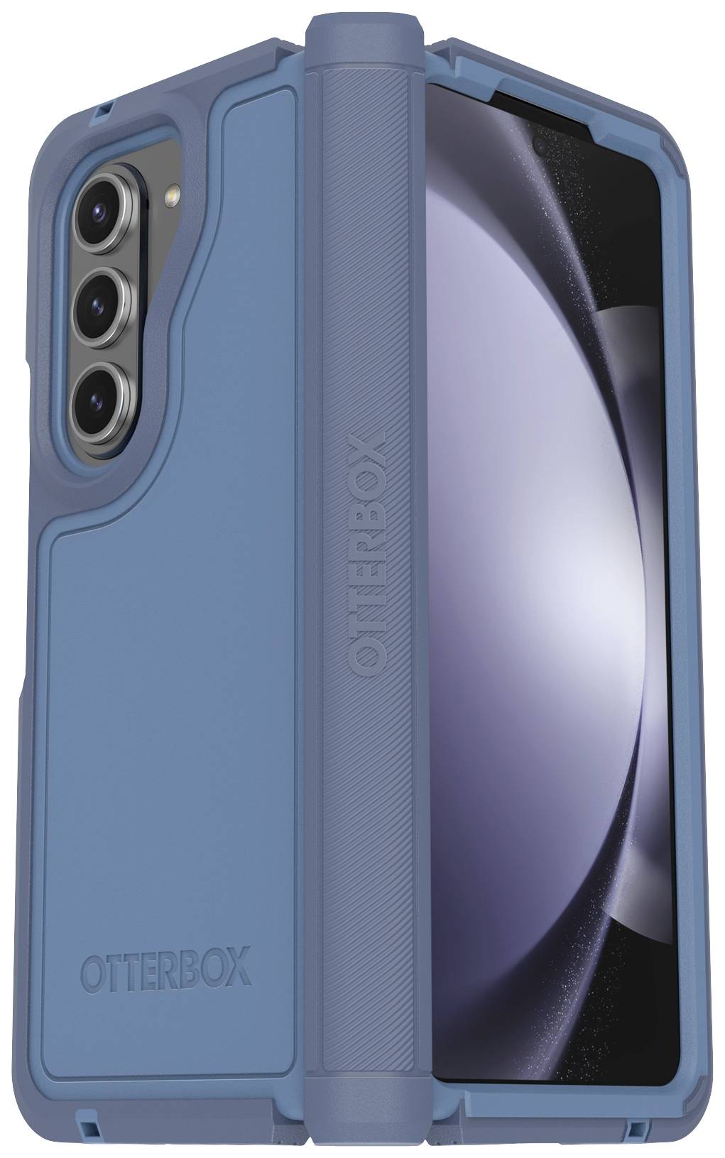 Niebieski smartfon z ochronnym etui OtterBox, prezentujący trzy aparaty i złożony ekran.