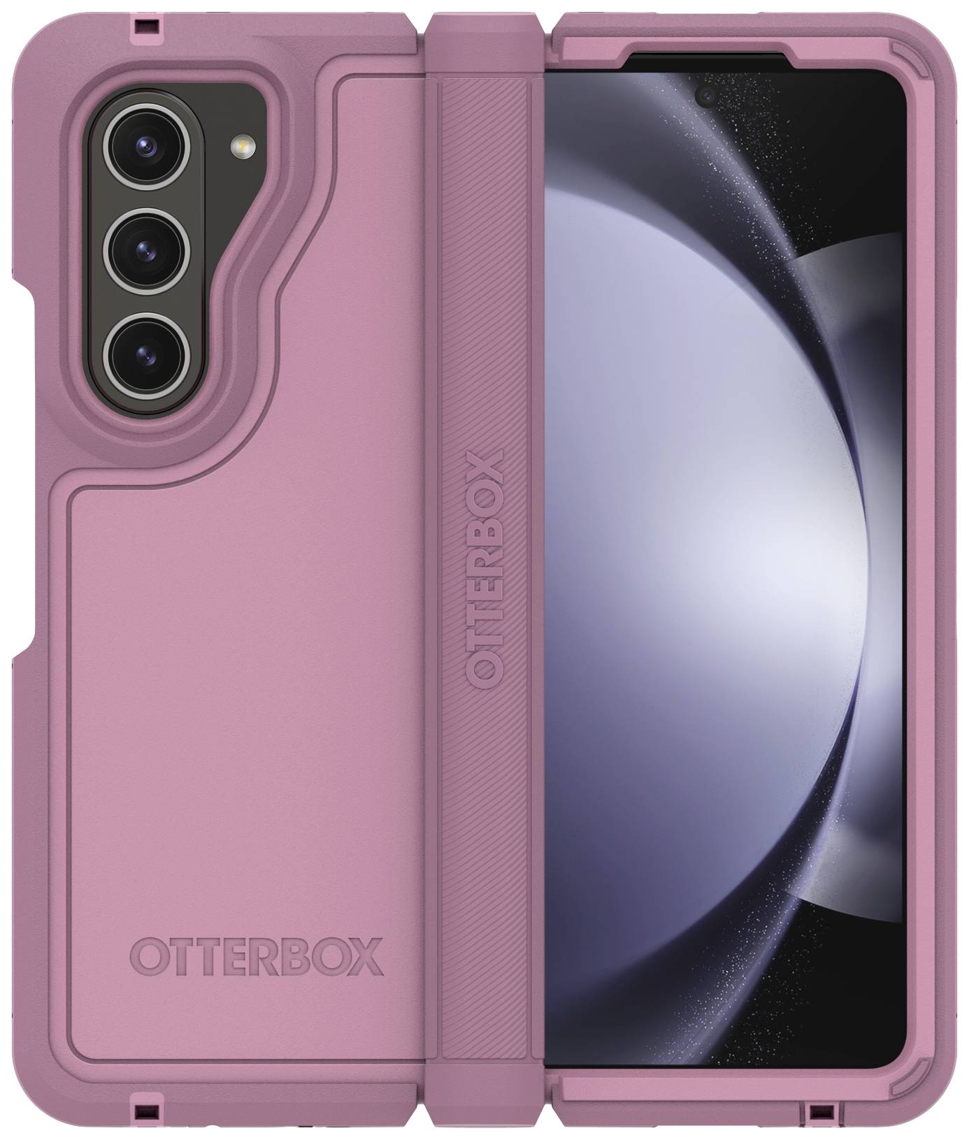 Etui z klapką na smartfona z potrójnym aparatem. Otwarta przednia część ujawnia ekran telefonu z wzorem kołowym. Etui jest różowe.