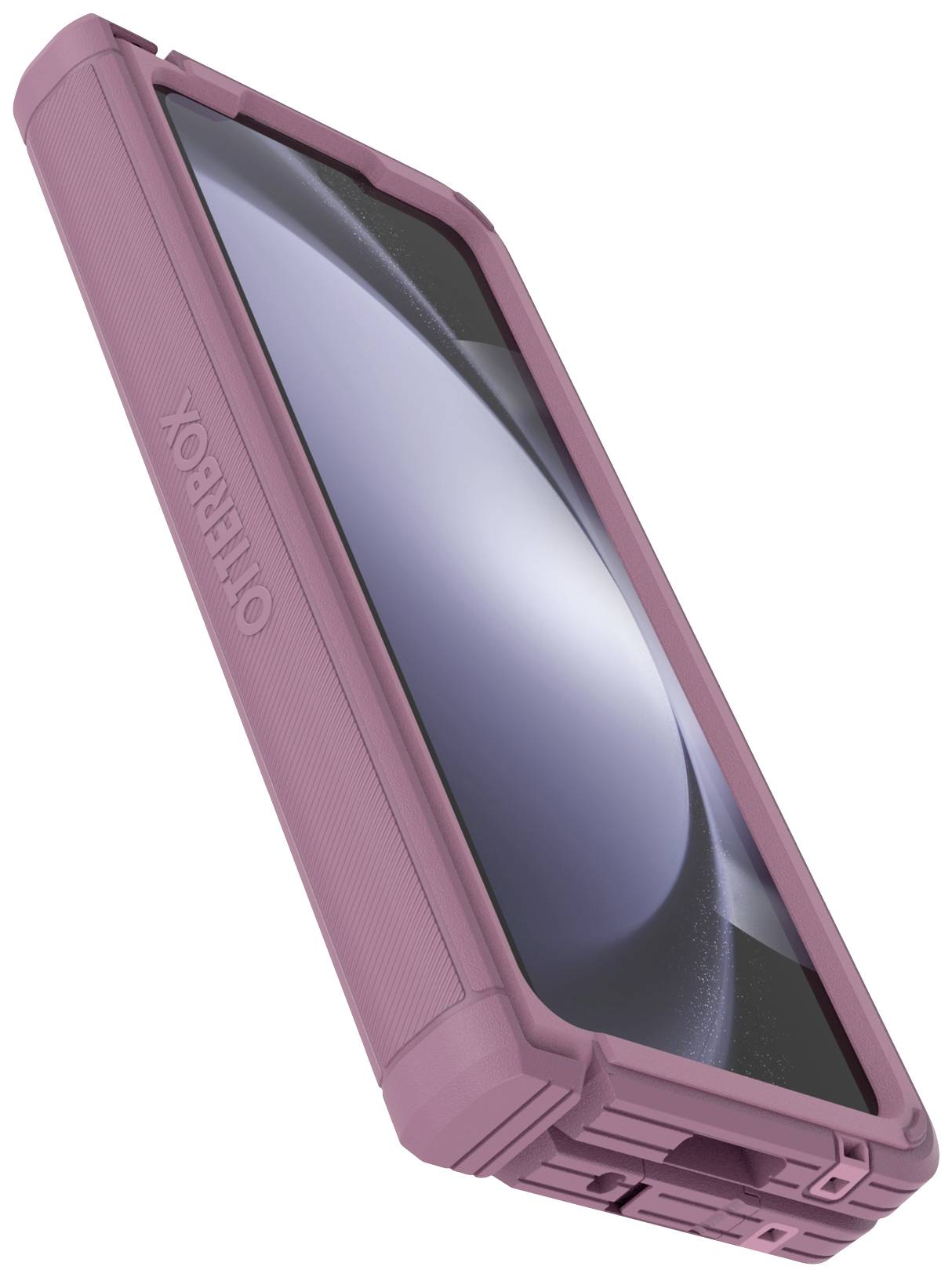 Telefon komórkowy z różową, wytrzymałą obudową, ustawiony bokiem, prezentujący błyszczący ekran.