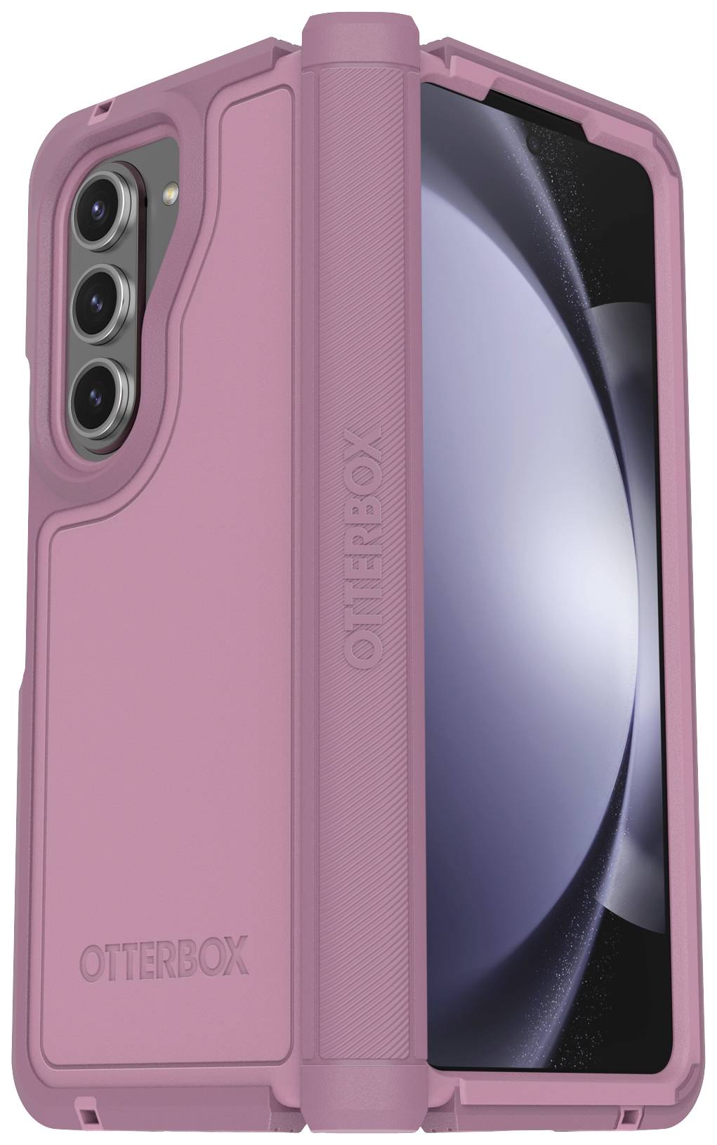 Różowe etui na telefon marki OtterBox, które otacza smartfon z trzema kamerami i zaokrąglonym ekranem.