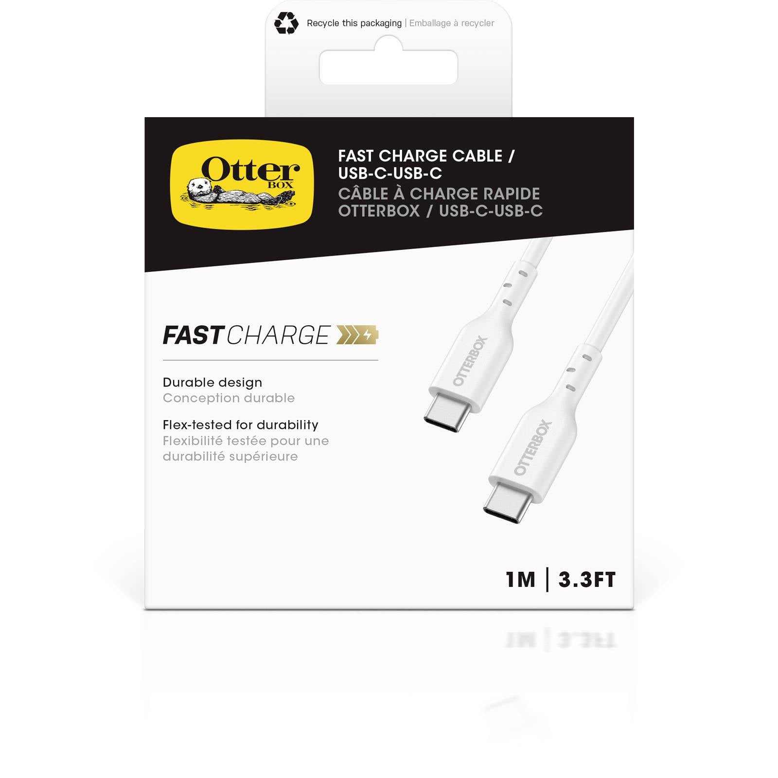 Kabel USB-C Fast Charge firmy OtterBox w kolorze białym, o długości 1 metra. Opakowanie prezentuje przewodowy adapter o elastycznej trwałości i szybkiej zdolności ładowania.